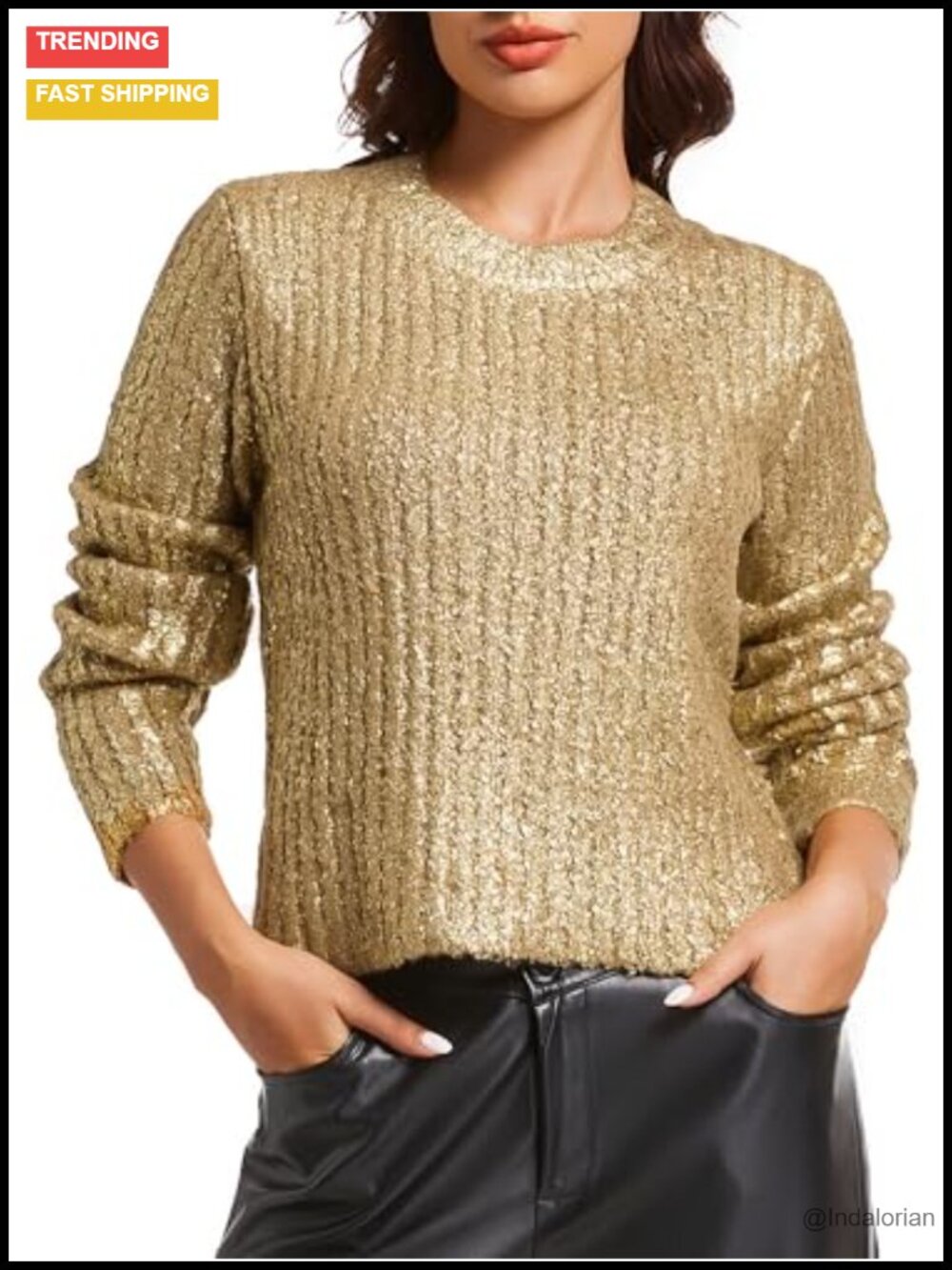 Metallic Knit Sweater Sparkly Glitter Pullover Loose Fit Crew Neck Long Sleeve